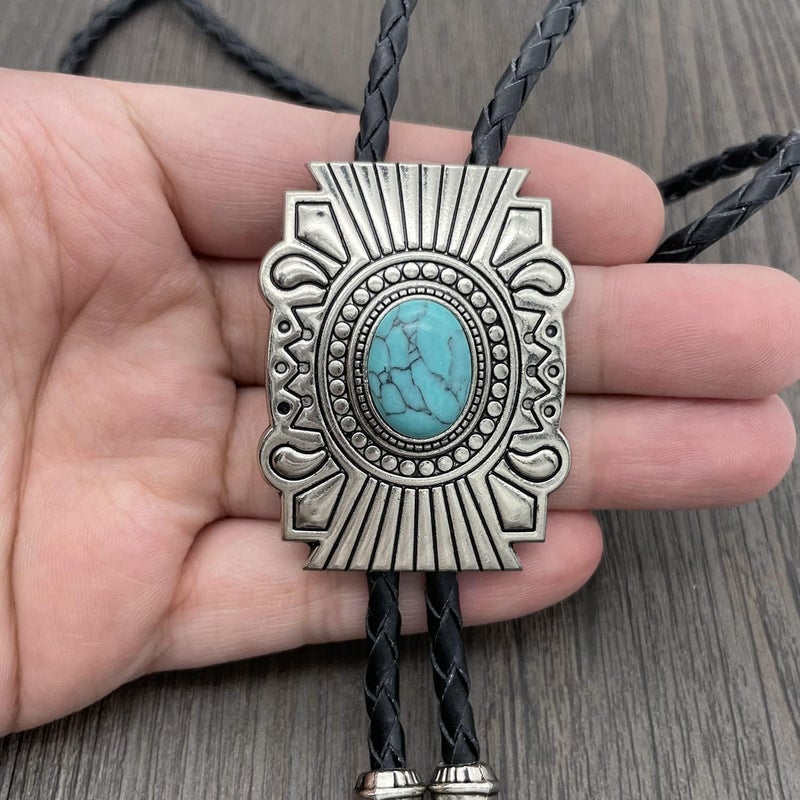 YOQUCOL Vintage American Western Cowboy Indian Art Stone Genunie Leather Bolo Tie For Men Women - Image 5